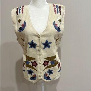 New Directions Vintage Embroidered Star Pattern Cream Vest Size Large